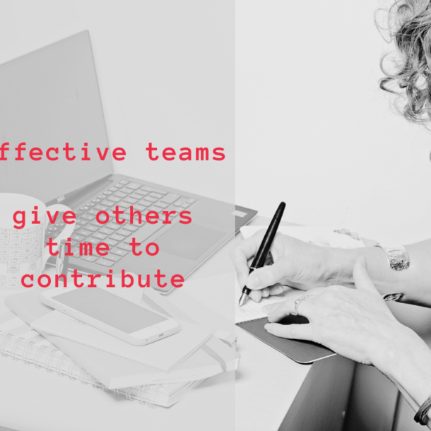 black and white image of woman wriitng at desk with title in red effective teams